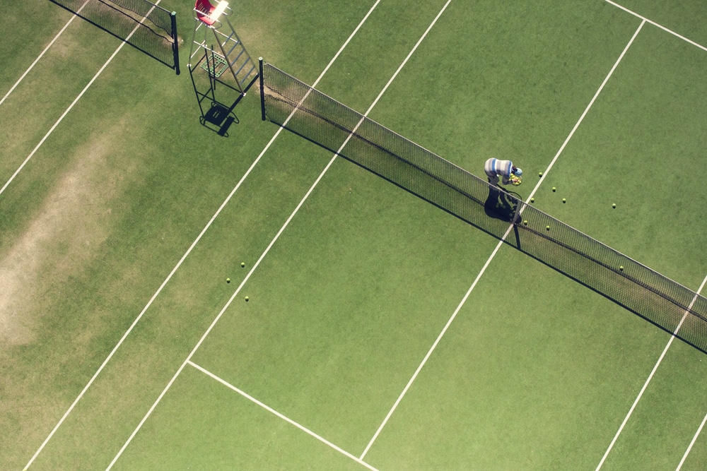 An overhead view of a tennis net